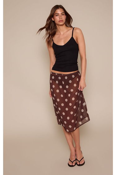 Chocolate Polka Dot Chiffon Midi Skirt