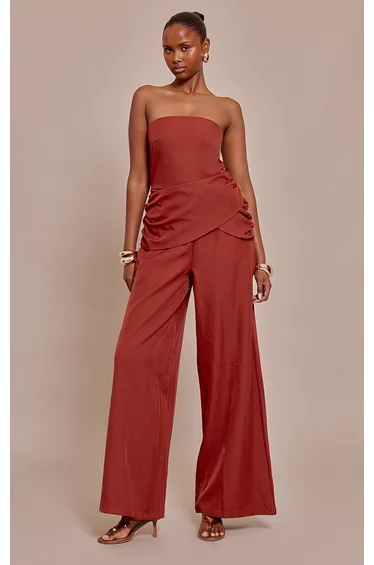 Burnt Orange Woven Bandeau Draped Wide Leg Jumpsuit
