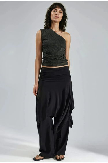 BUSEM Slim Fit Shiny Sleeveless Blouse with Asymmetrical Collar