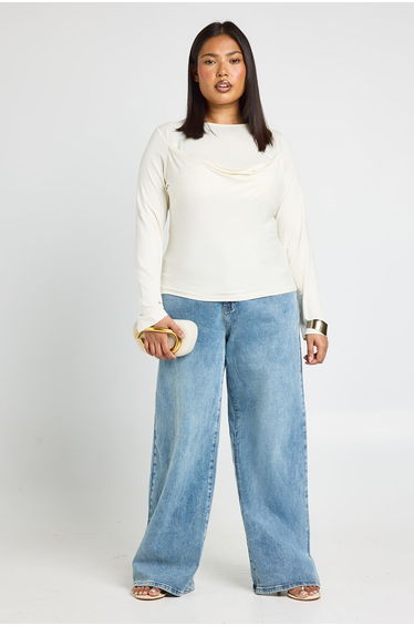 Plus Drape Panel Long Sleeve Top - ecru