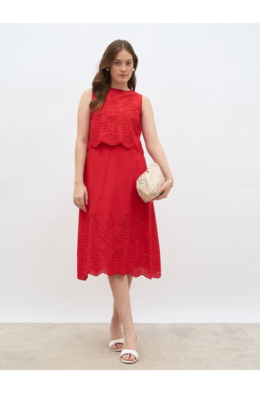 Women Red Schiffli Sleeveless A-Line Midi Dress