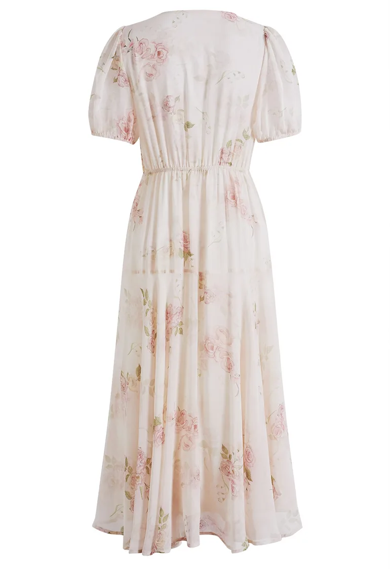 Watercolor Rose Self-Tie Bowknot Chiffon Midi Dress in Light Pink for Garden Parties & Bridal Showers - 11