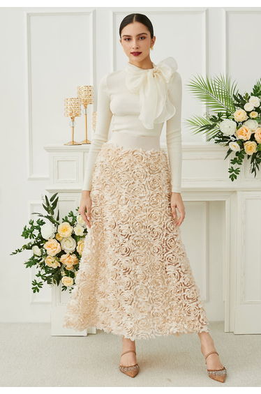 Rose Petal Embellished Mesh Maxi Skirt in Apricot