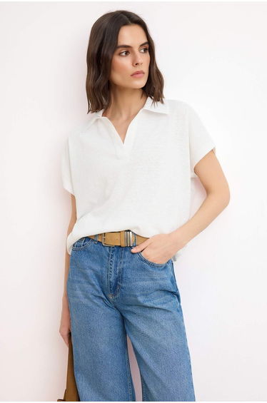 Wardrobe Essentials-Ecru Regular/Normal Fit Polo Neck Low Sleeve Knitted T-Shirt