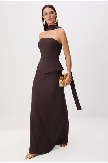 Brown Scarf Woven Maxi Evening Dress & Graduation Gown