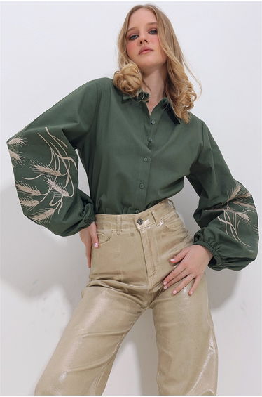 Women's Khaki Sleeves Embroidered Poplin Woven Shirt