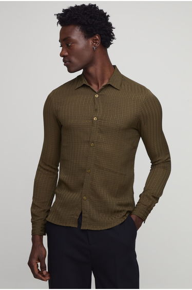 Sheer Textured Pleat Muscle Fit Shirt - khaki