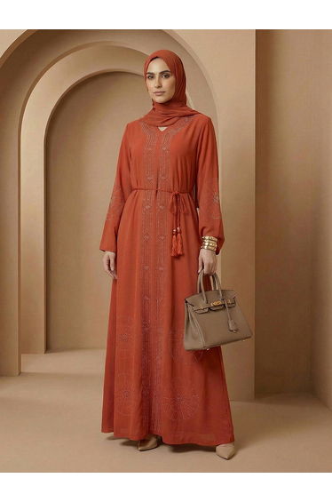 Women Orange Embellished Abaya with Hijab