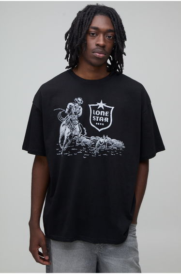 Oversized Lone Star Beer Cowboy License Print T-shirt - black