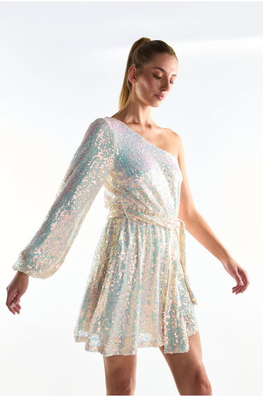 Cream Iridescent-Sequin Asymmetric Mini-Dress
