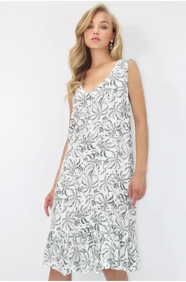 Women's Green V-Neck Skirt Ruffled A-Line Woven Viscose Comfortable Fit Dress