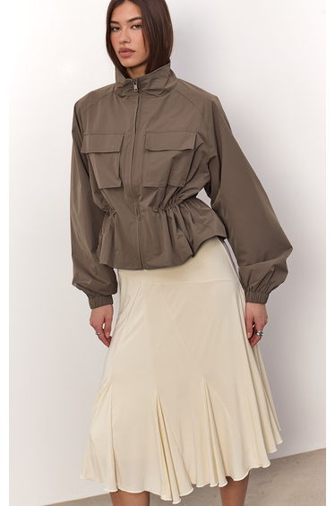Khaki Cinch Waist Pocket Detail Rain Coat