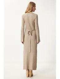 Women's Beige Belted Ribbed Long Knit Dress - 3