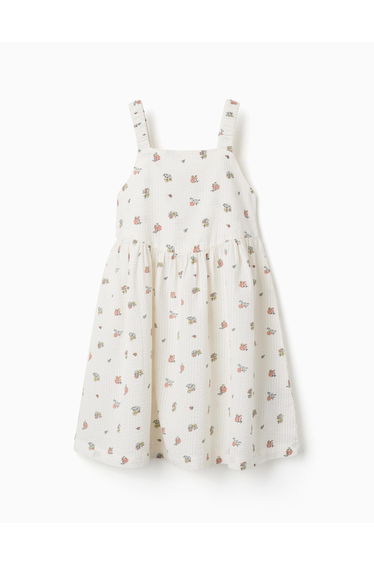 Sleeveless cotton dress with floral motif for girls, white