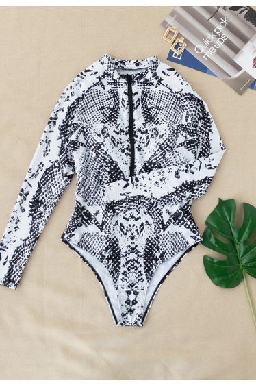 Snake Print Long Sleeves Zipper One-Piece Swimsuit