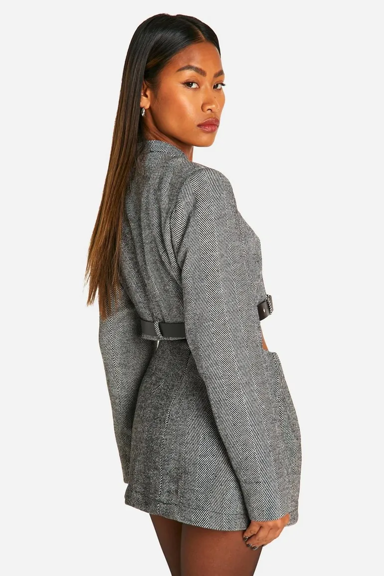 Herringbone Belt Detail Cropped Blazer - black - 2