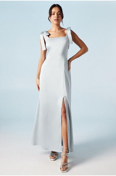 Petite Satin Tie Shoulder Maxi Bridesmaids Dress