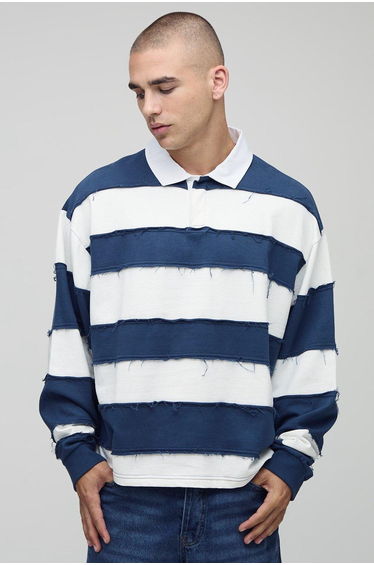 Oversized Boxy Distressed Long Sleeve Rugby Polo - blue