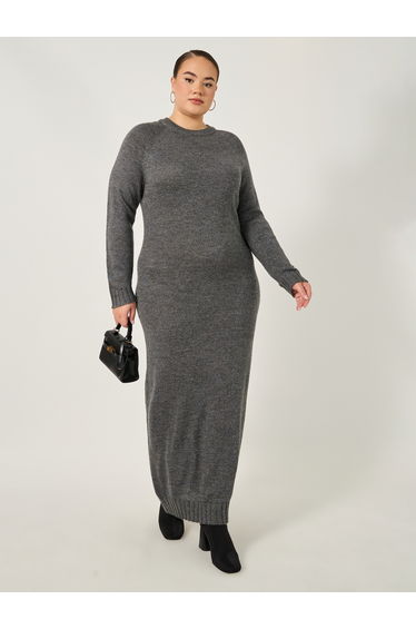 Plus Size Solid Long Sleeves Sweater Maxi Dress