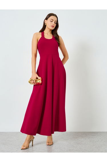 Red Halter Neck Sleeveless A-Line Maxi Dress