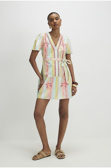 Pink Neon Cotton Striped Cutwork Shirt Dress