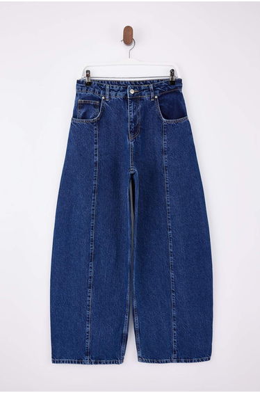 Blue Stitching Detailed High Waist Baggy Jeans