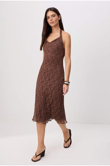 Brown Halter Neck Halter Tie Midi Lace Knitted Dress