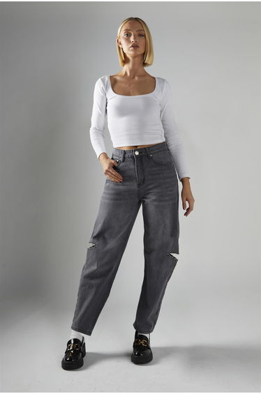 Dark Grey Wash Ripped Straight Jeans