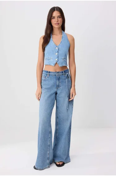 Blue Halter Neck Crop Denim Blouse