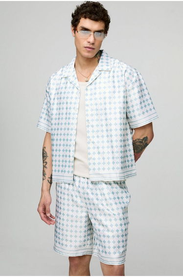 Oversized Boxy Short Sleeve Check Satin Shirt & Short Set - sage