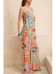 Underwater Patterned Woven Tie Detail Maxi Beach Blouse Trousers Set - 2