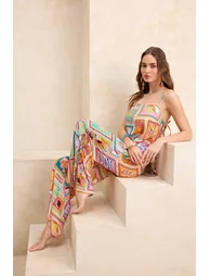 Underwater Patterned Woven Tie Detail Maxi Beach Blouse Trousers Set - 1