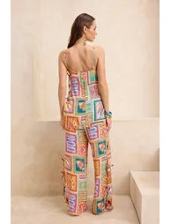 Underwater Patterned Woven Tie Detail Maxi Beach Blouse Trousers Set - 3