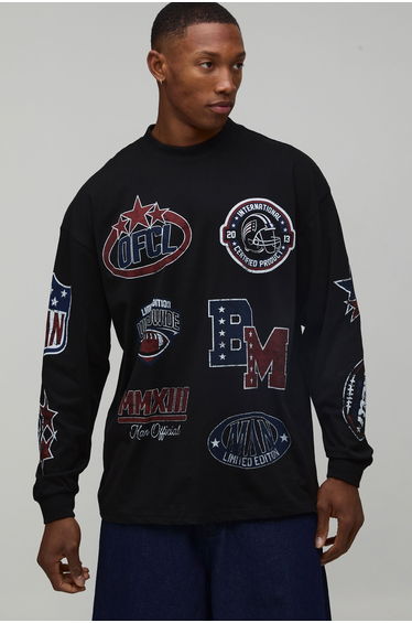 Oversized Extended Neck Graphic American Football Printed T-Shirt - black