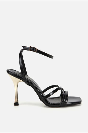 Woman's black cross-strapped gold heeled high Sandals