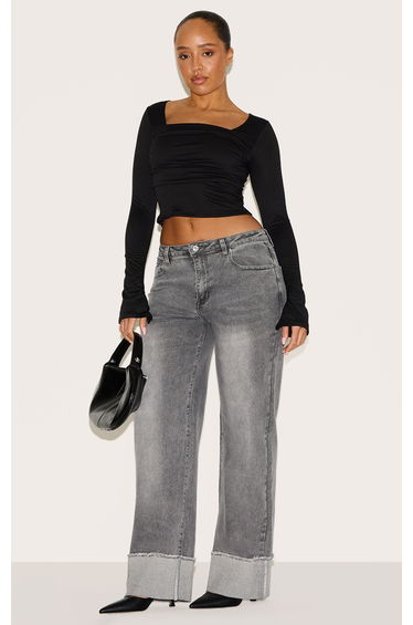 Shape Black Super Soft Scoop Neck Ruched Bust Long Sleeve Top