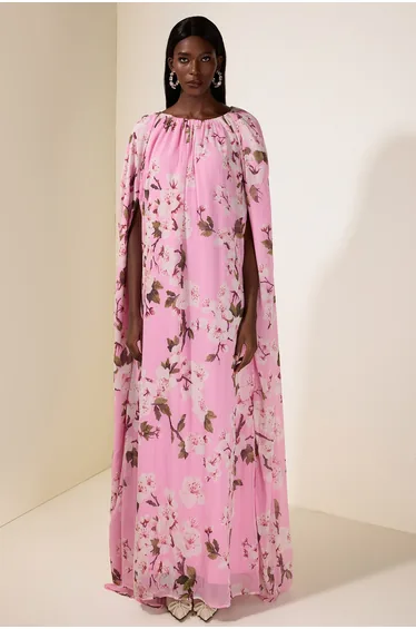 Floral Gathering Cape Sleeve Maxi Dress