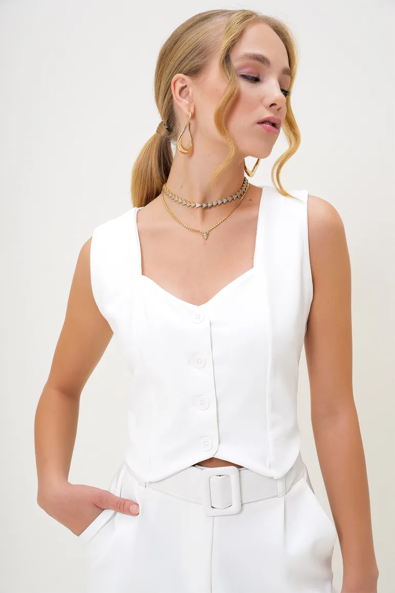 Women's White Sweetheart Neck Button Crop Vest - 2