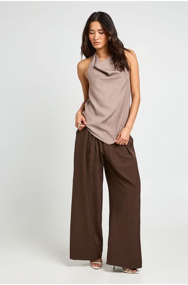 Tie Panel Detail Wide Leg Tailored Trousers - chocolate