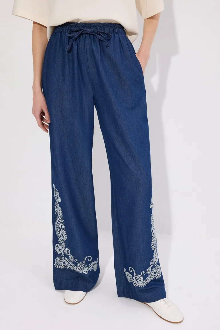 ELASTICATED WAIST EMBROIDERIED TROUSERS - 2