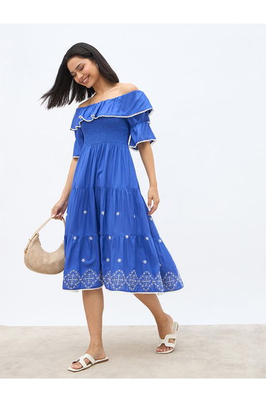 Women Blue Embroidered Off-Shoulder A-Line Midi Dress with Smocking