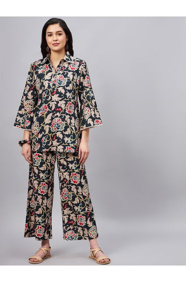 Woman Floral Print Longline Shirt, Scrunchie and Pants Co-Ords