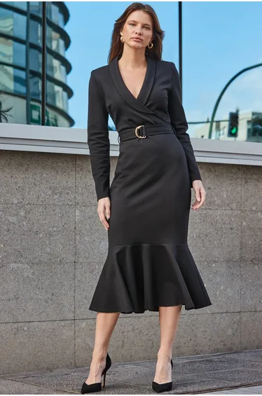 Black Tailored Fishtail Hem Wrap Dress