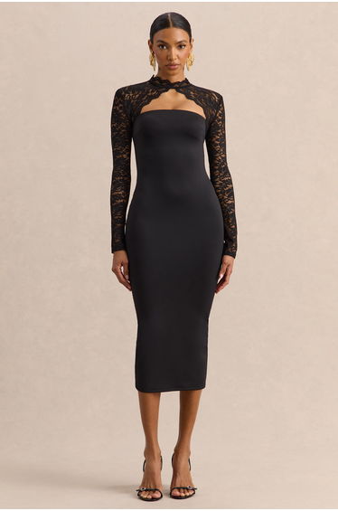 Arlune | Black High-Neck Midi Dress With Long Lace-Sleeves