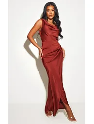 Burgundy Satin Cowl Neck Draped Maxi Dress
