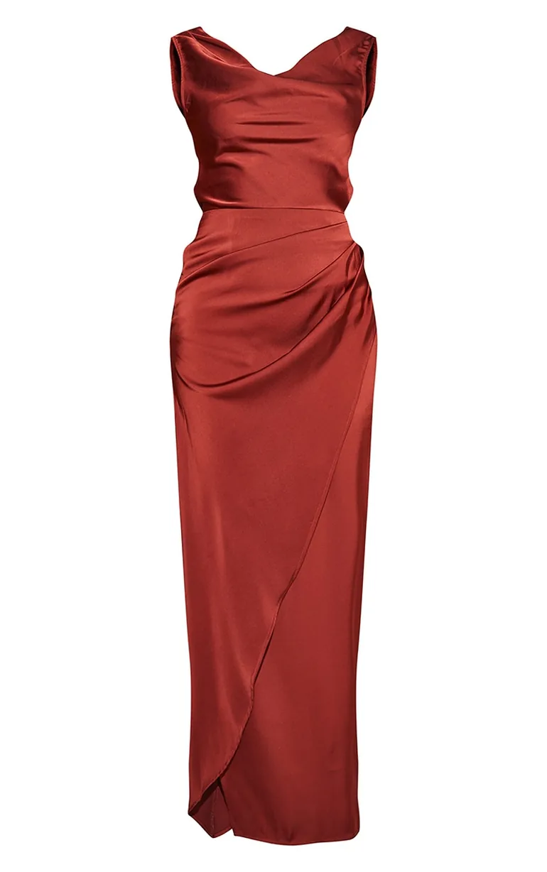 burgundy satin cowl neck dress Extreme Cowl Neck Open Back Maxi Dress In Burgundy Slinky | EGO US
