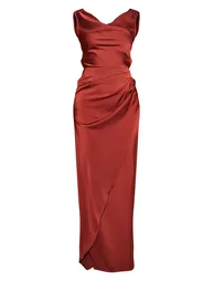 Burgundy Satin Cowl Neck Draped Maxi Dress - 4