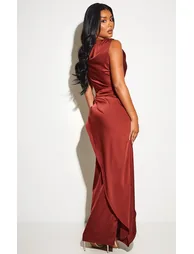 Shop Burgundy Satin Cowl Neck Draped Maxi Dress Online in Oman