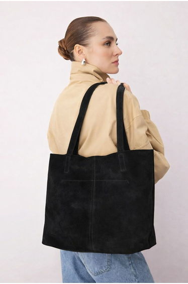 Black Premium Genuine Leather Suede Women's Maxi Size Shoulder Bag