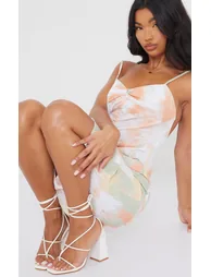 White PU Toe Detail Lace Up High Block Heeled Sandals - 2